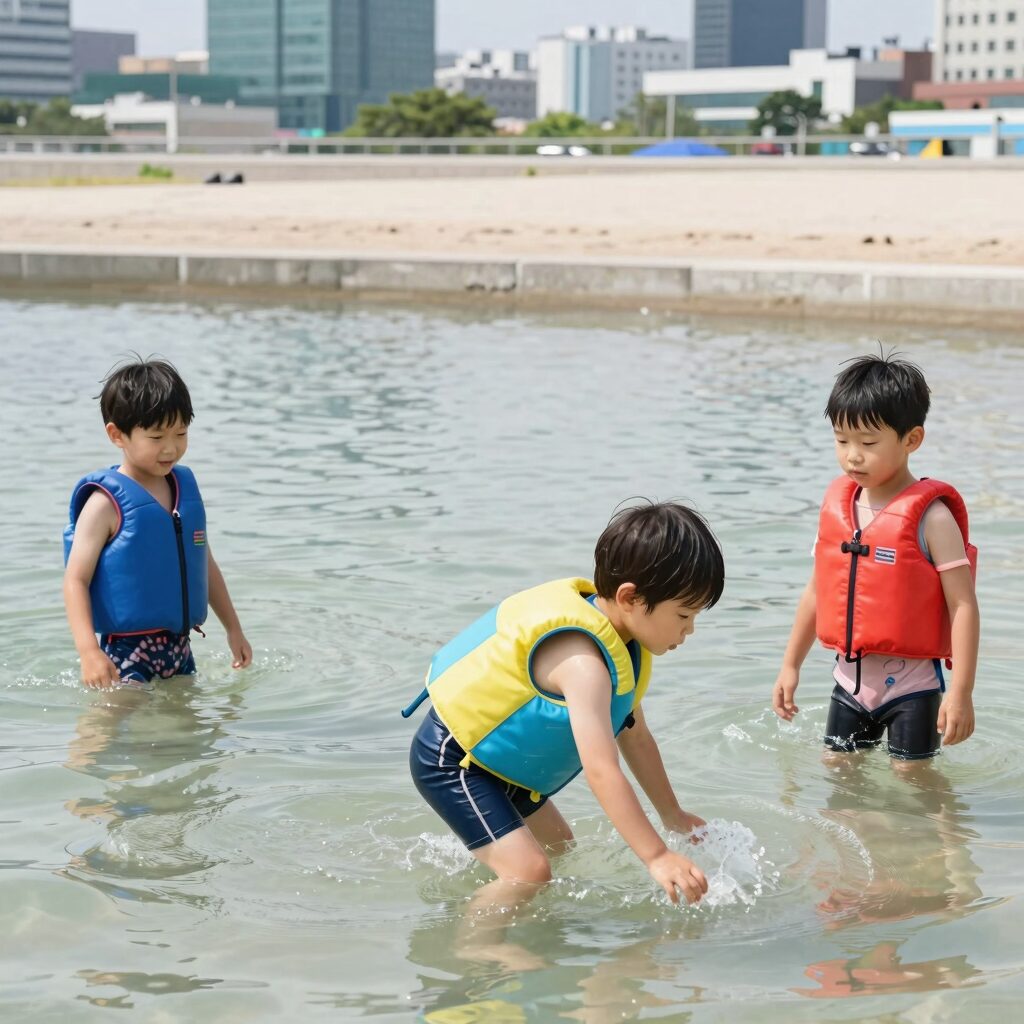 어린이 물놀이 용품 아쿠아슈즈와 구명조끼를 착용한 아이가 물놀이를 즐기는 모습