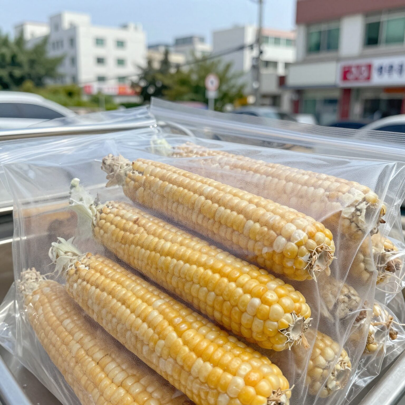 찐옥수수를 지퍼팩에 담아 냉동고에 보관한 모습