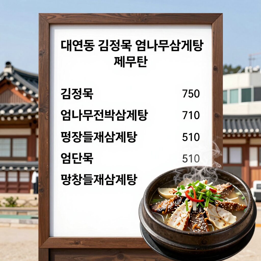 대연동 김정옥엄나무삼계탕 메뉴판과 엄나무전복삼계탕 평창들깨삼계탕 사진