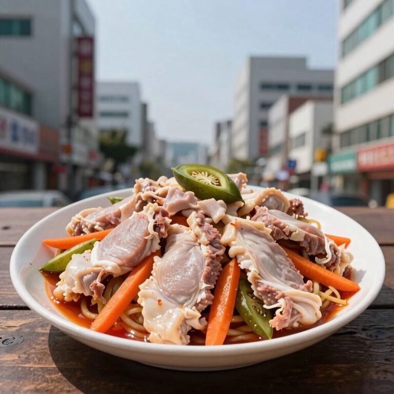 완성된 닭냉채 접시, 닭가슴살과 오이 당근이 고루 담겨 있다