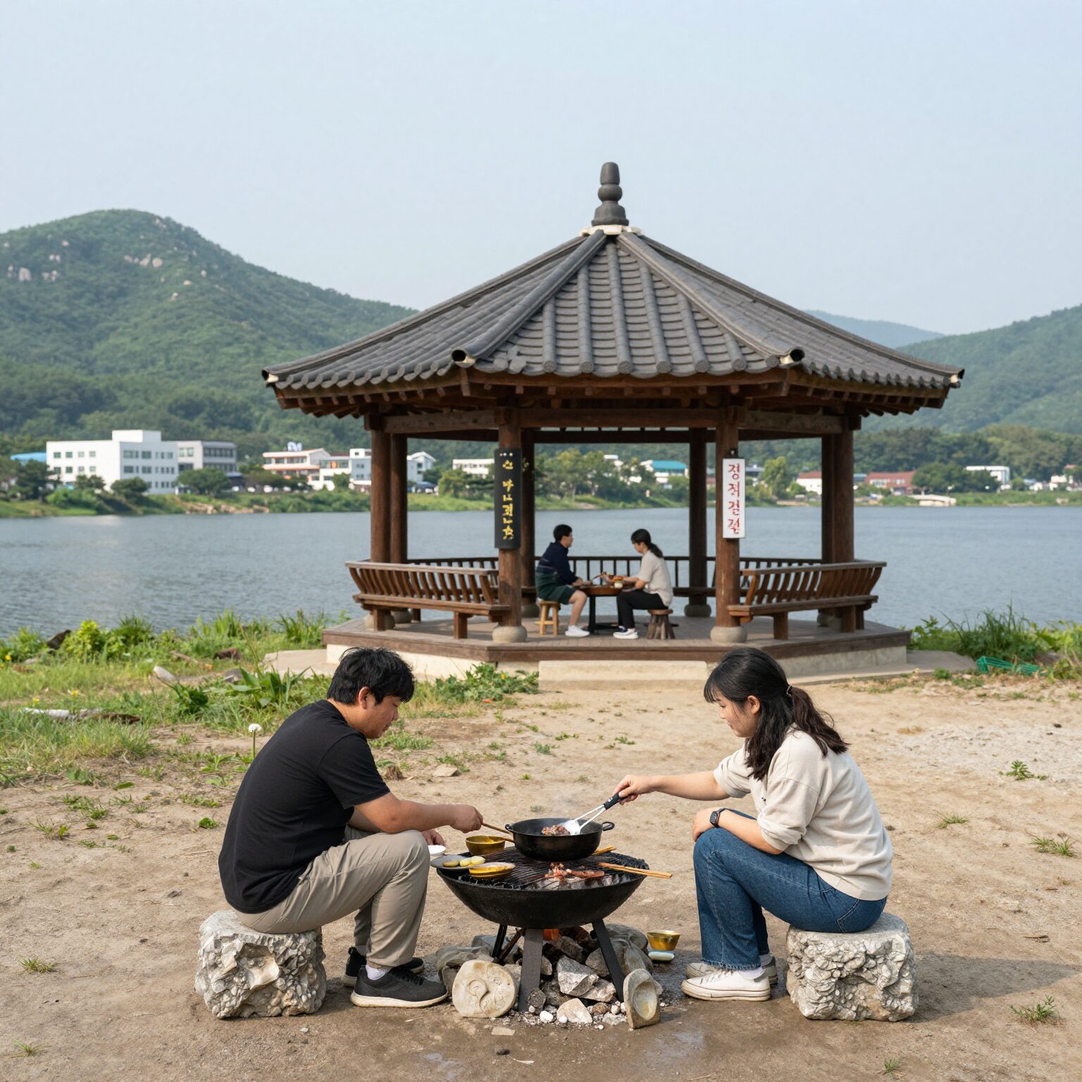 지리산 달궁계곡 앞 정자나무펜션 계곡 뷰와 바비큐 장면