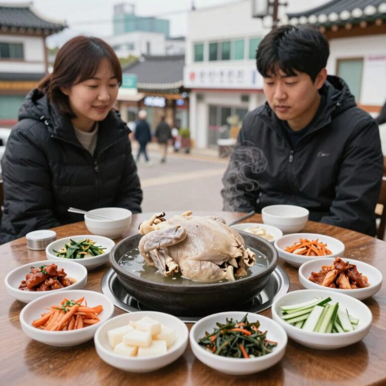당진 삼계탕 맛집 장수골의 누룽지 닭백숙과 기본 반찬들이 차려진 테이블 사진