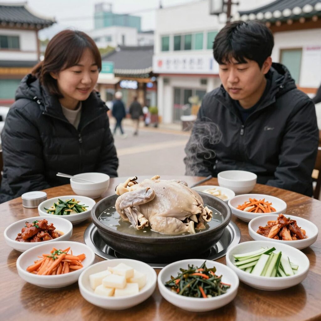 당진 삼계탕 맛집 장수골의 누룽지 닭백숙과 기본 반찬들이 차려진 테이블 사진