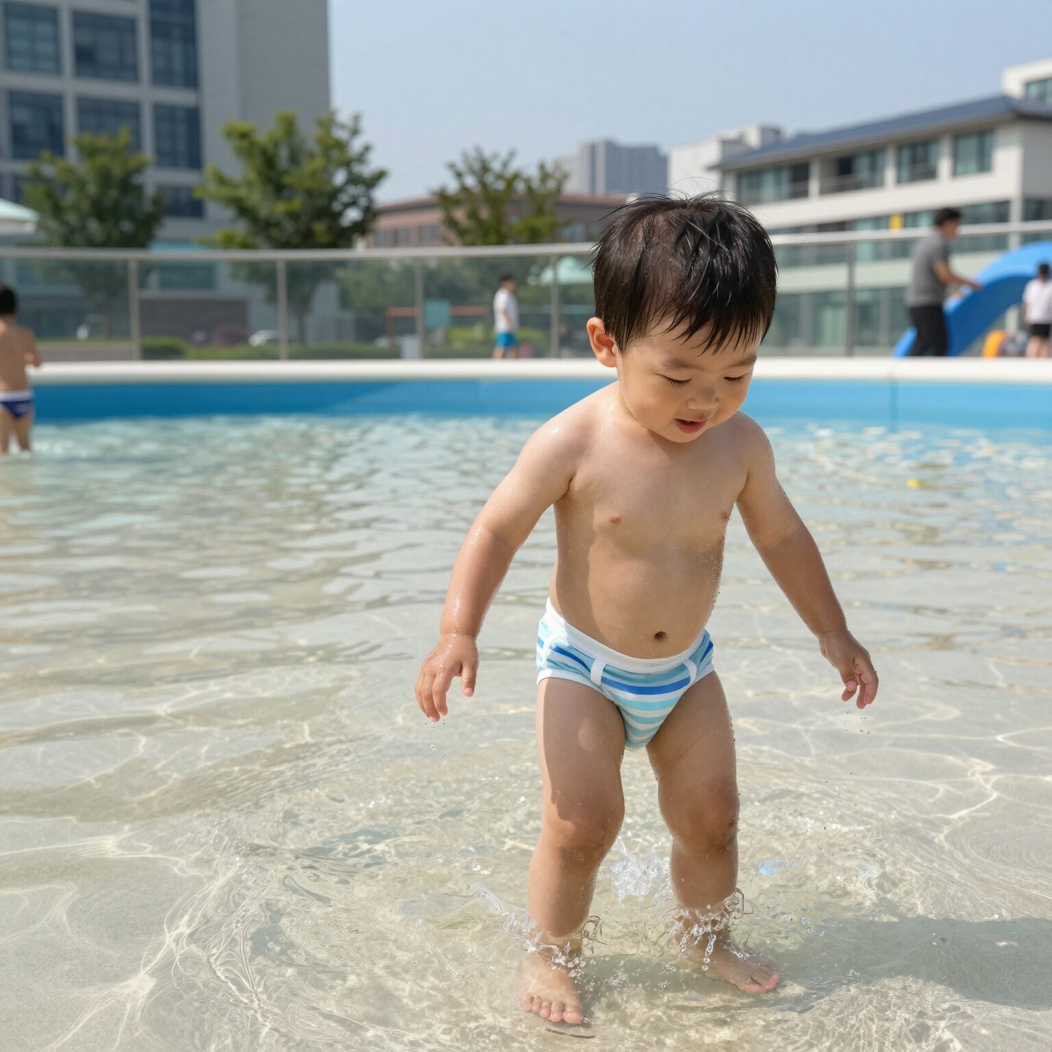하기스 물놀이팬티 4단계를 착용한 아기가 물놀이터에서 즐겁게 노는 모습