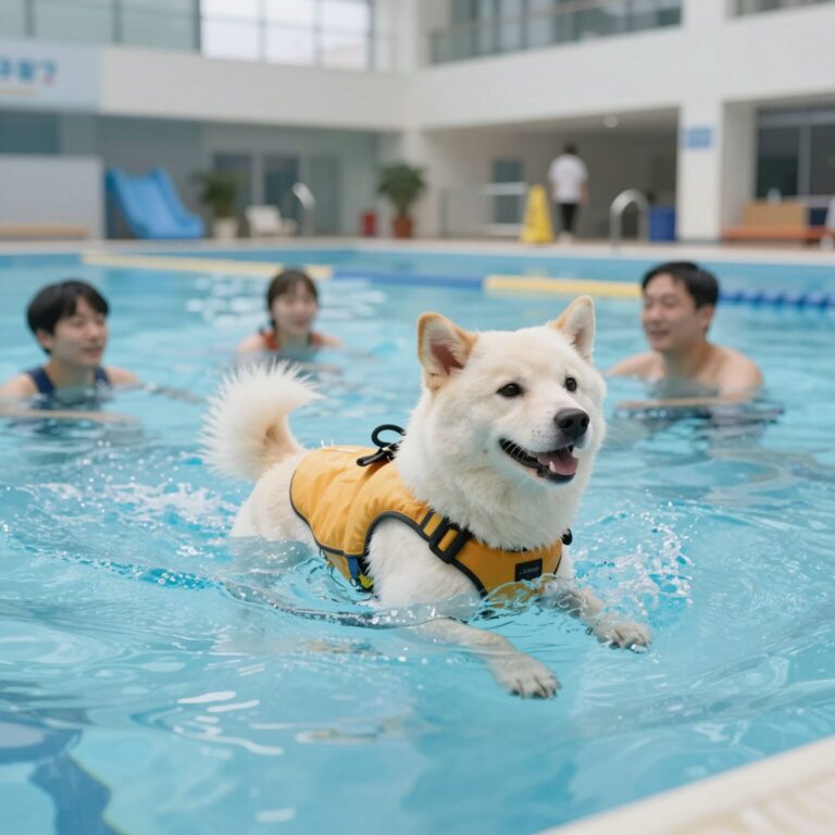 강아지가 구명조끼를 입고 실내 수영장에서 안전하게 물놀이하는 모습