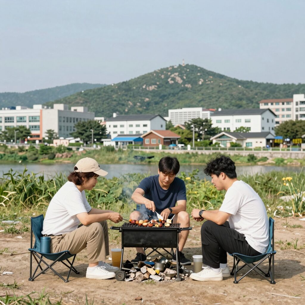 도마치계곡 유원지 평상 대여 모습 바비큐 준비