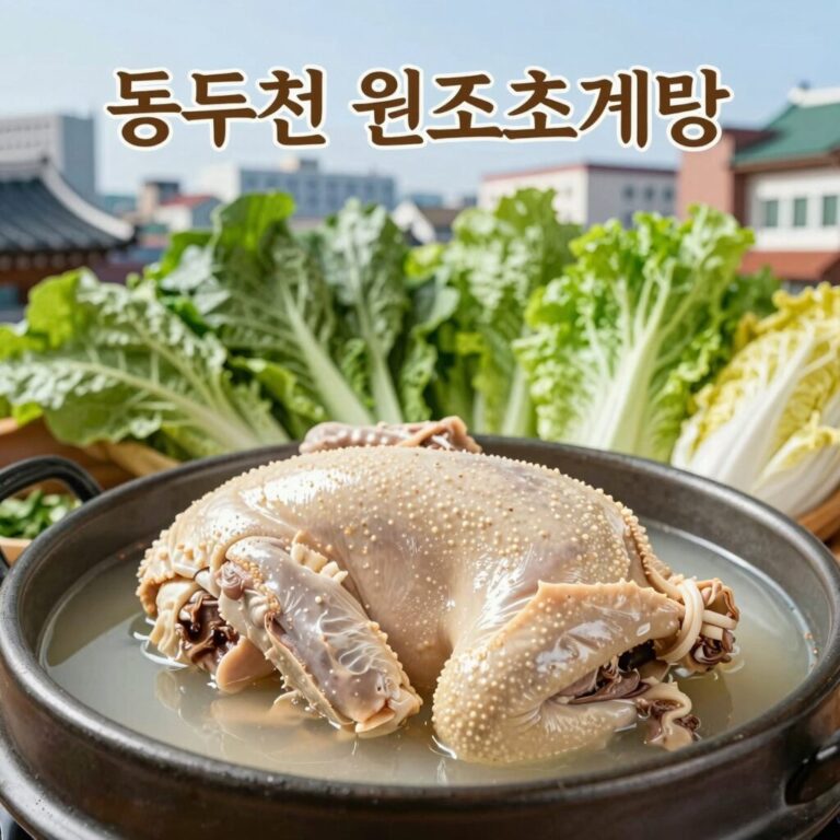 동두천 원조초계탕의 초계탕 한상차림 메인 메뉴, 푸짐한 닭고기와 신선한 채소가 보인다