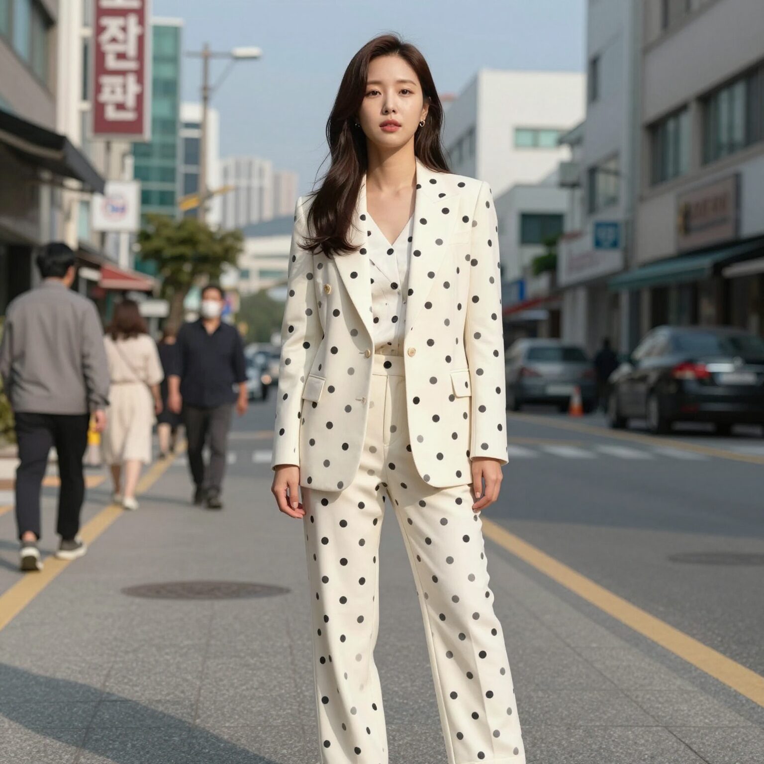 전지현이 입었던 큰 도트 수트 착장 사진, 도트 크기와 간격이 너무 촘촘해 전체적으로 산만한 느낌을 주는 패션 실패 사례