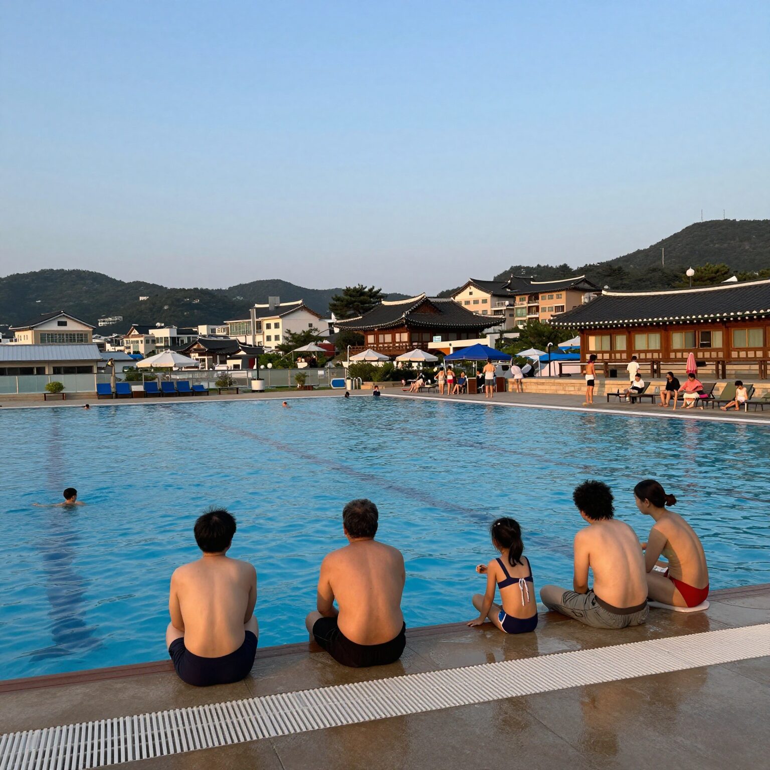 전남 수영장 펜션에서 저녁 수영을 즐기는 가족 모습