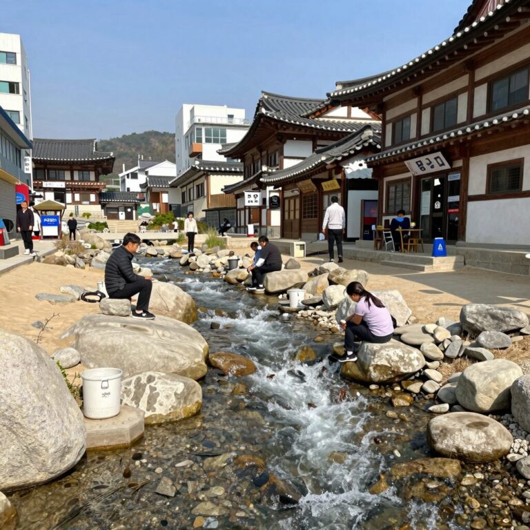 강당골 계곡의 맑은 물과 주변 식당 모습