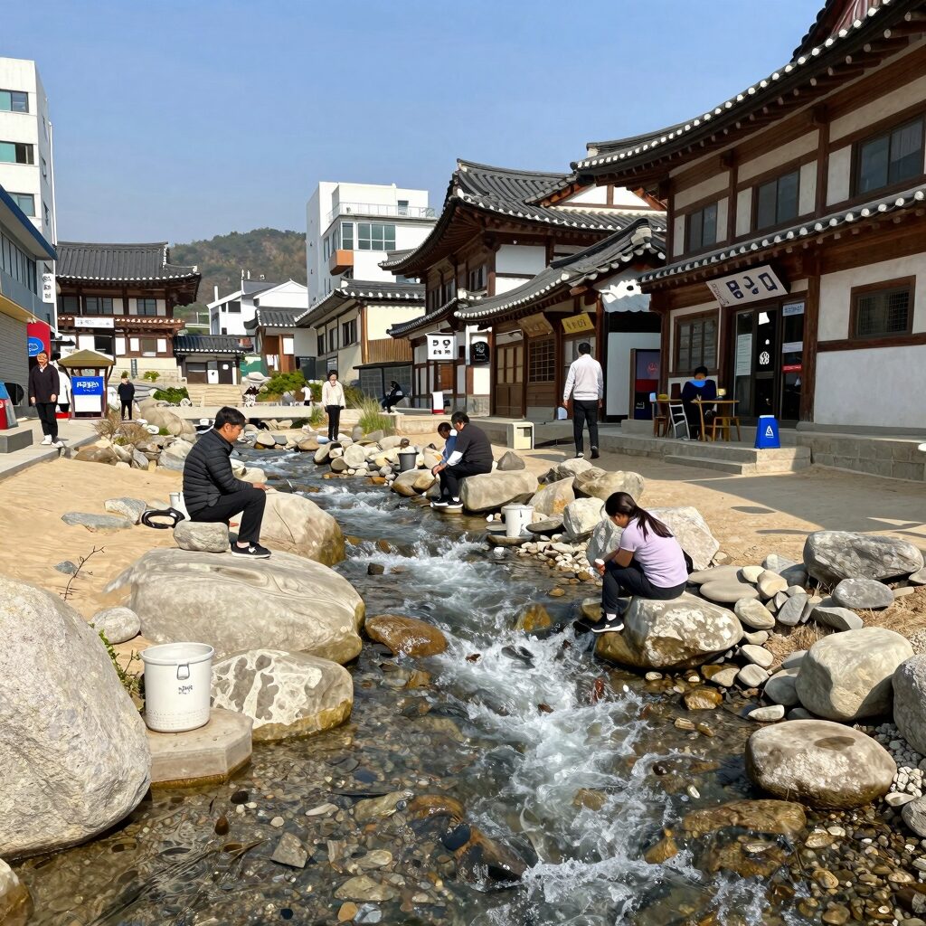 강당골 계곡의 맑은 물과 주변 식당 모습
