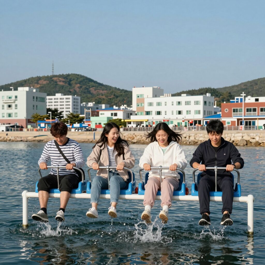 강릉 빠지 이비자 수상레저에서 놀이기구를 타는 사람들의 모습. 튀는 물방울과 함께 웃음이 터지는 순간.