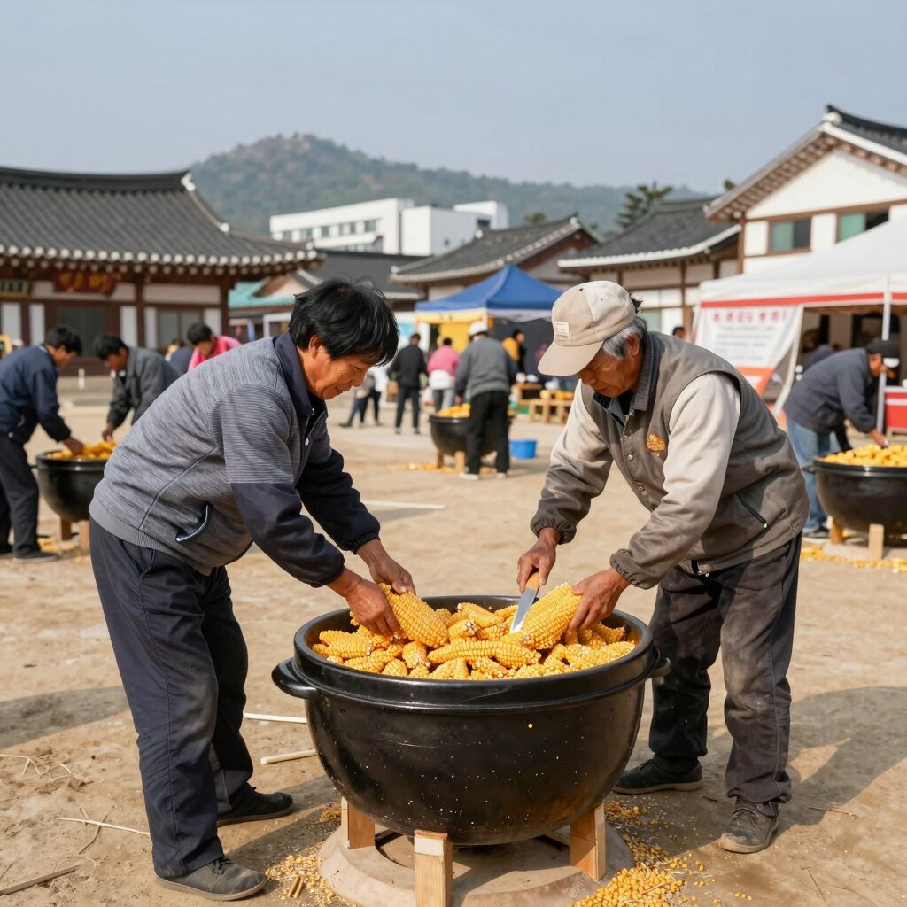 괴산 옥수수축제 가마솥에서 옥수수 삶는 모습
