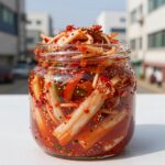 고구마순김치 아삭하게 담그는법 고구마순김치 양념에 버무린 모습, 아삭한 식감이 살아있는 완성된 김치