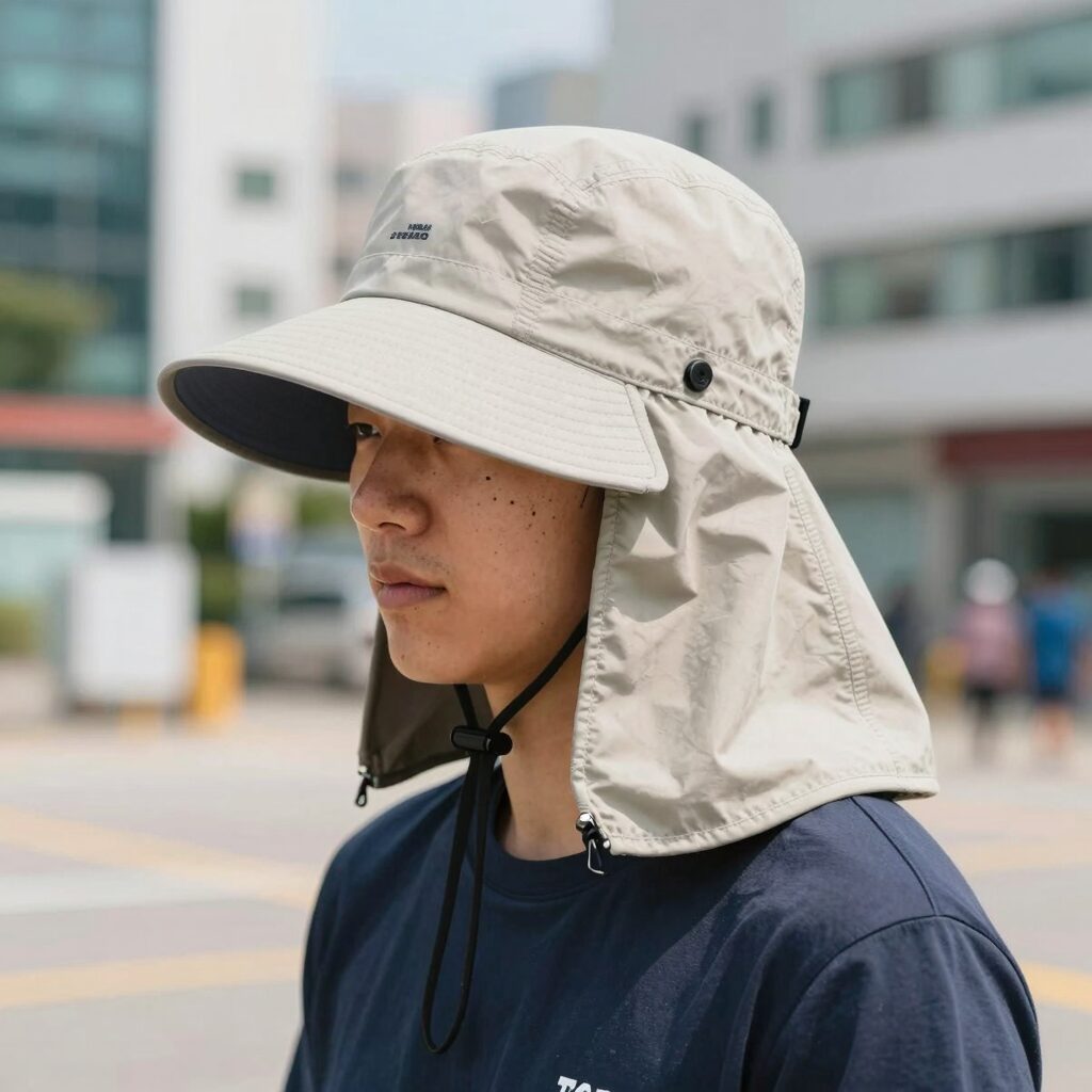 구김스 서핑햇 766을 쓴 모습으로 넓은 챙과 목덜미 커버가 자외선을 효과적으로 차단하는 장면