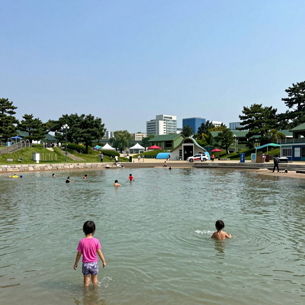 관악산 물놀이장 전경, 아이들이 물놀이를 즐기는 모습