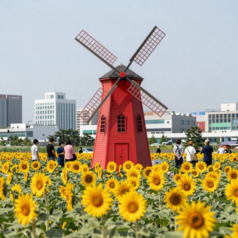 함안 강주 해바라기축제 빨간 풍차와 노란 해바라기밭 풍경