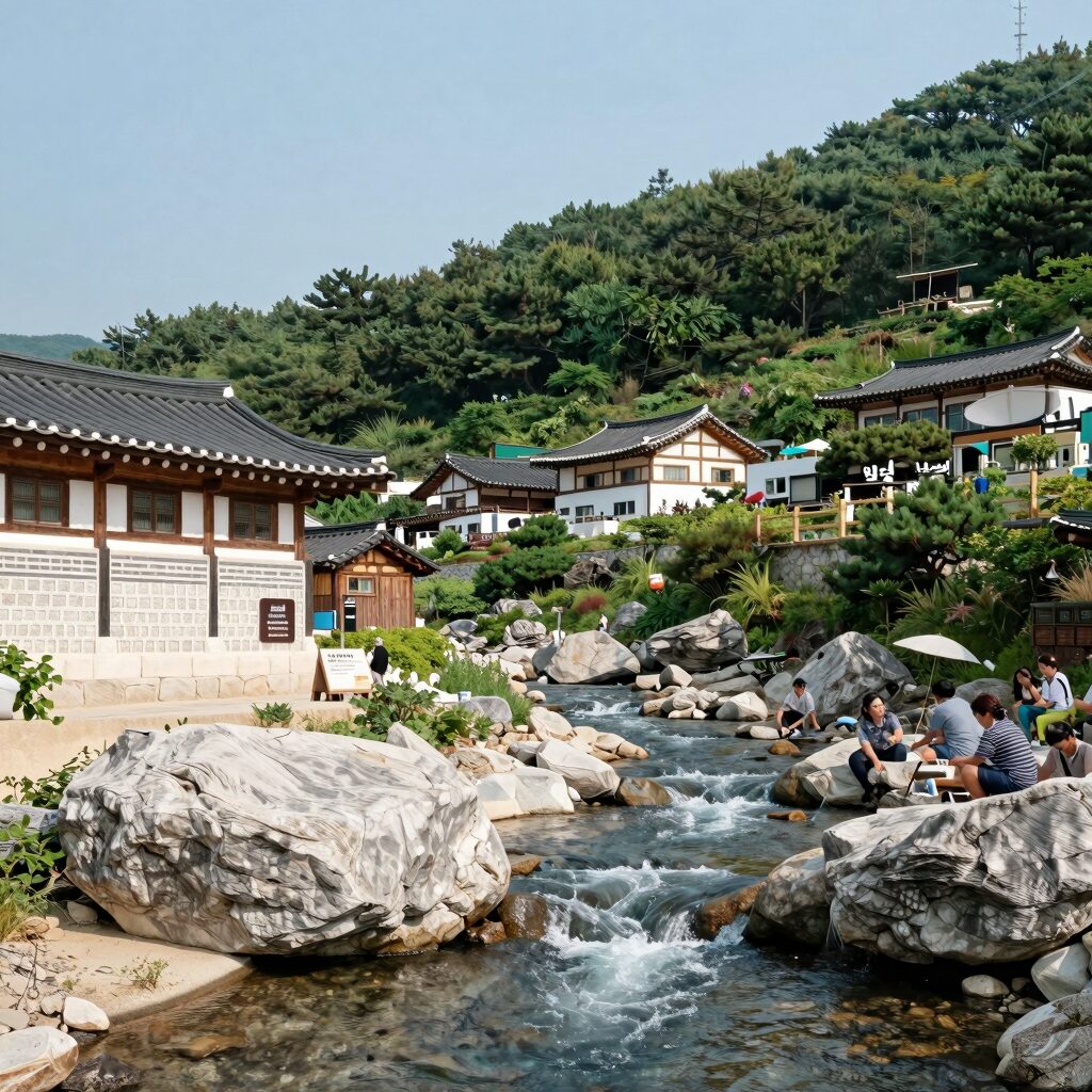 불영계곡 앞 해오름펜션민박 전경과 계곡 풍경