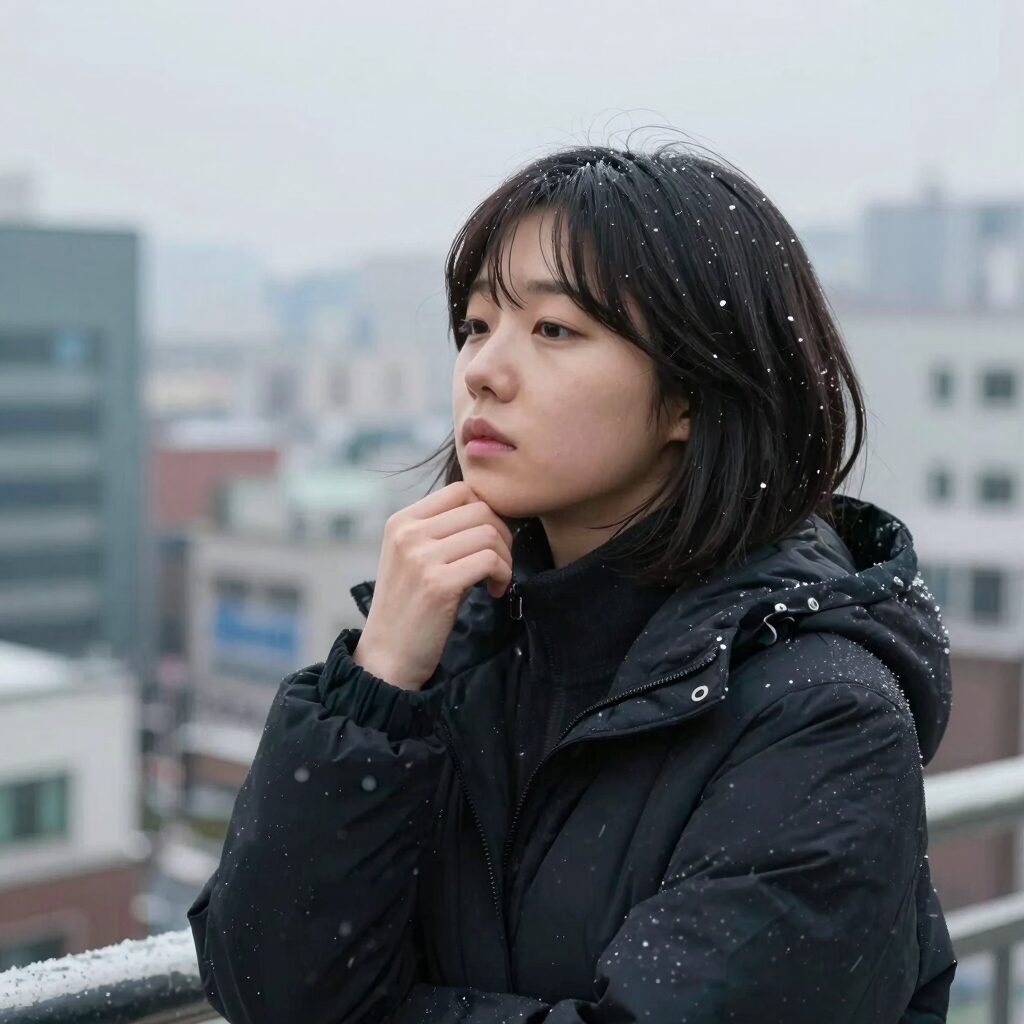 장대비가 내리는 꿈을 꾼 사람이 잠에서 깨어 생각에 잠긴 모습