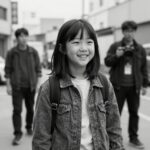 할리우드의 한 아역 배우가 촬영장에서 미소 짓고 있는 흑백 사진. 명성 뒤의 고독을 암시