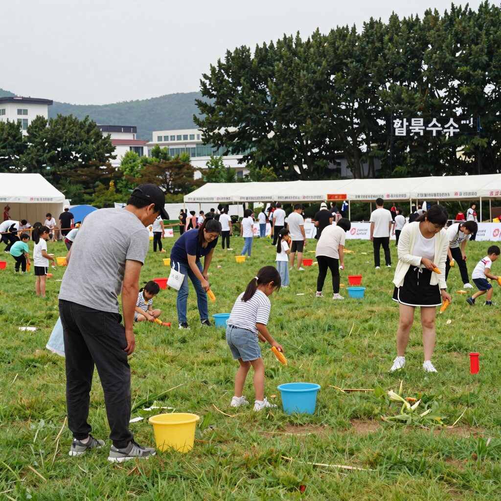 2026 홍천 찰옥수수 축제 현장 사진. 토리숲 잔디밭에 많은 가족들이 옥수수를 즐기고 있음