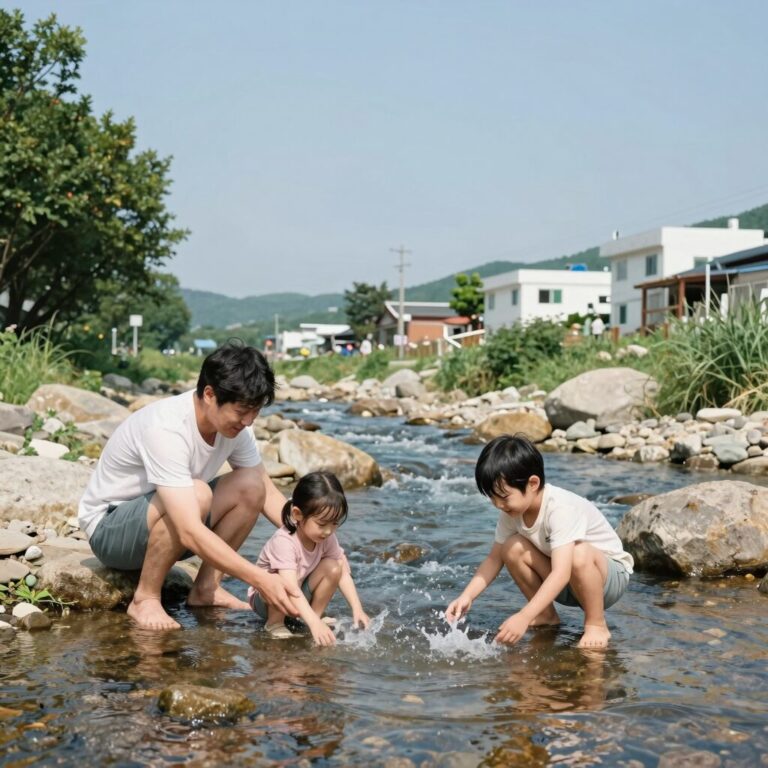 황토속펜션 앞 작천정 계곡에서 가족이 물놀이를 즐기는 모습