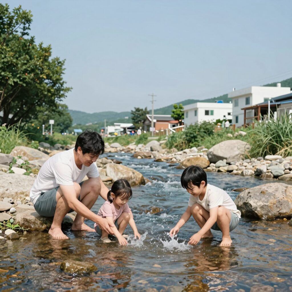 황토속펜션 앞 작천정 계곡에서 가족이 물놀이를 즐기는 모습