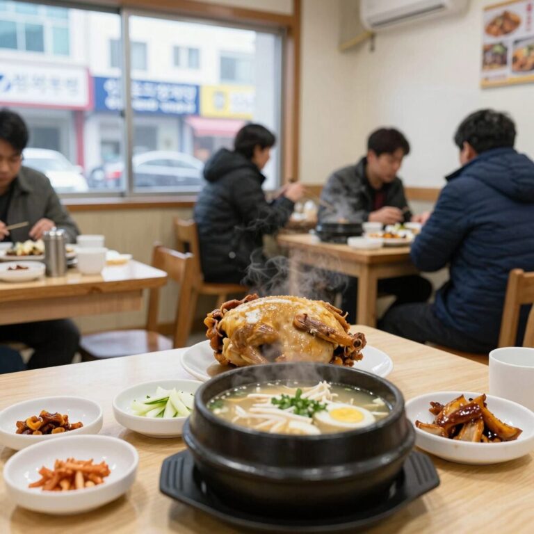 인현통닭삼계탕 동인천본점 내부 모습과 테이블 위 삼계탕과 전기구이통닭 사진
