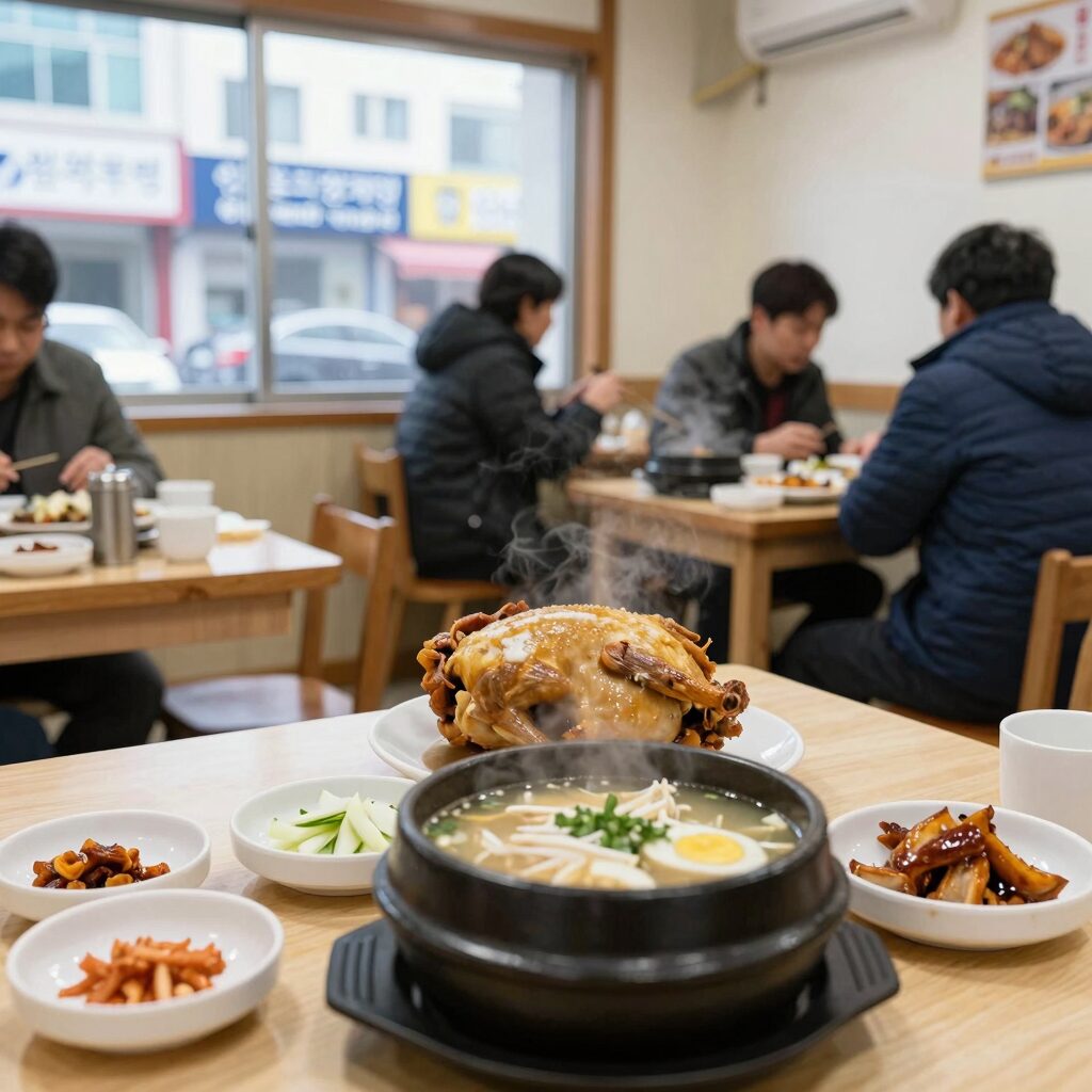 인현통닭삼계탕 동인천본점 내부 모습과 테이블 위 삼계탕과 전기구이통닭 사진