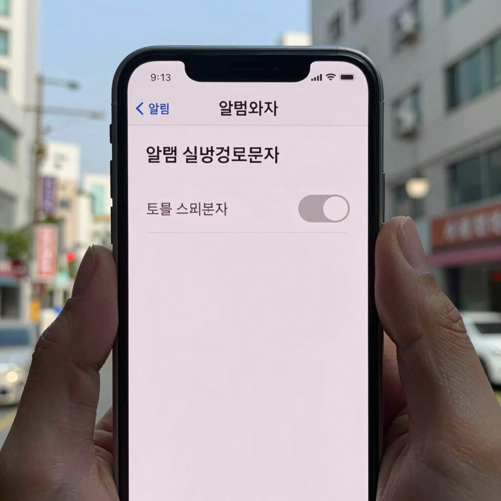 아이폰 알림 설정 화면에서 실종경보문자 토글 스위치를 끄는 모습