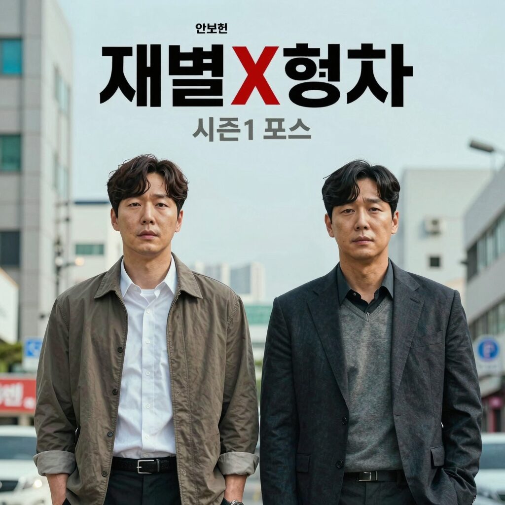 재벌X형사 시즌1 포스터로, 안보현과 박지현이 나란히 서 있는 모습