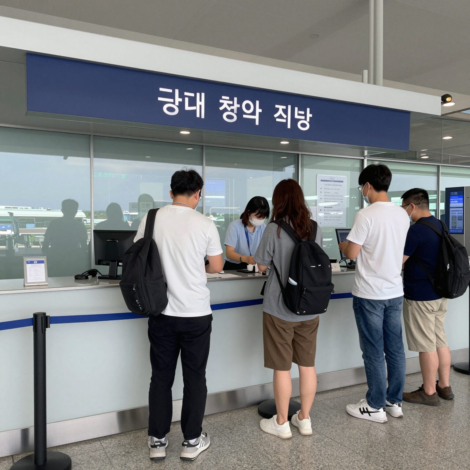 제주공항 국내선 체크인 카운터에서 탑승수속 하는 모습. 8월 제주도 항공권 특가 예약 후 공항에서 수속하는 실제 장면.
