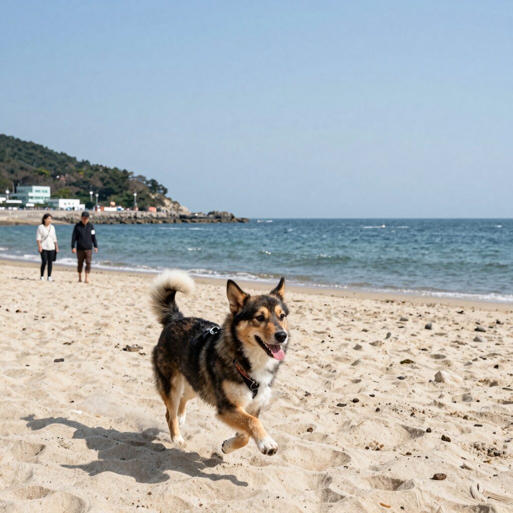 정암해수욕장 몽돌해변에서 강아지가 신나게 뛰어노는 모습