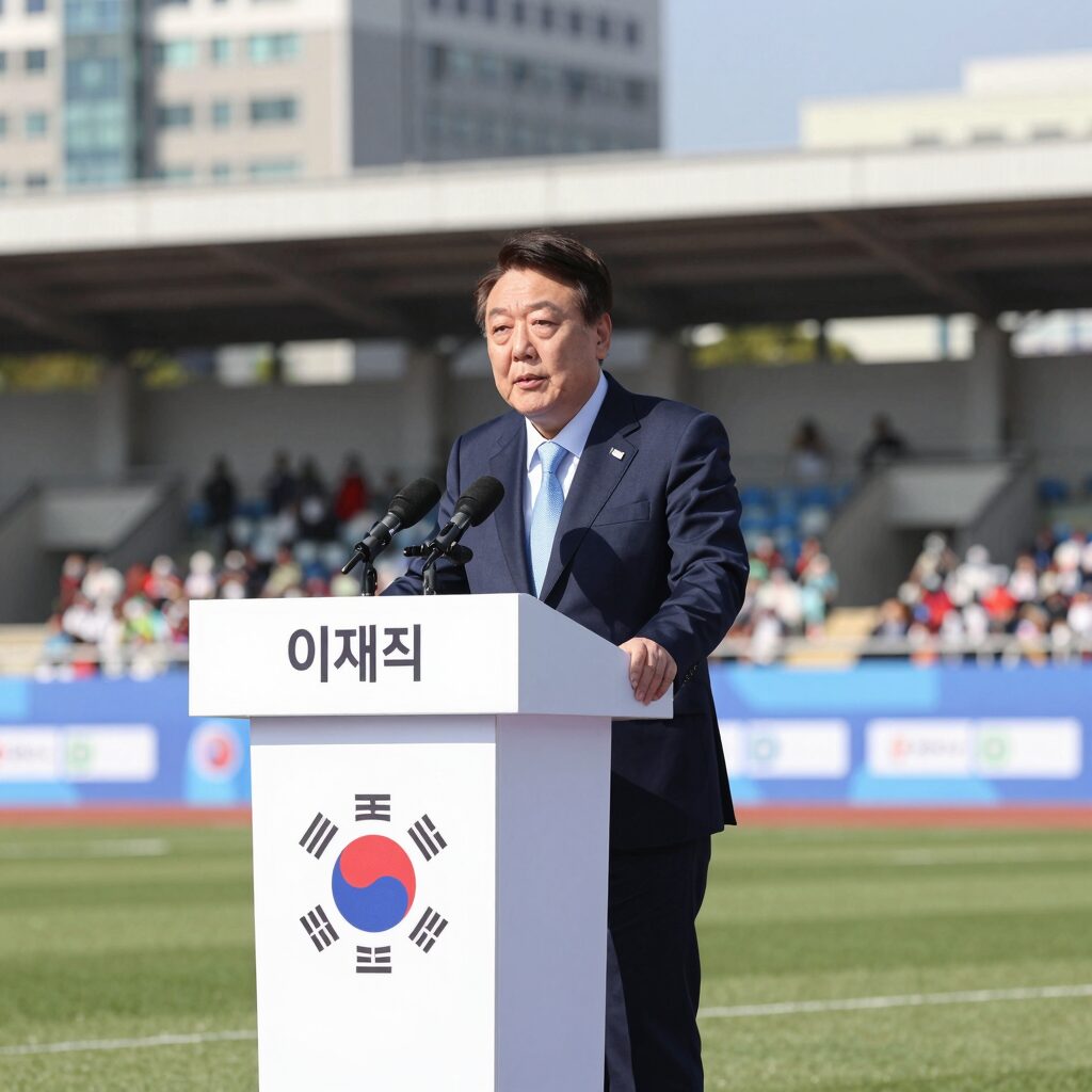이재명 대통령이 부산 아시아드 주경기장에서 열린 전국체전 개회식에서 연설하고 있는 모습