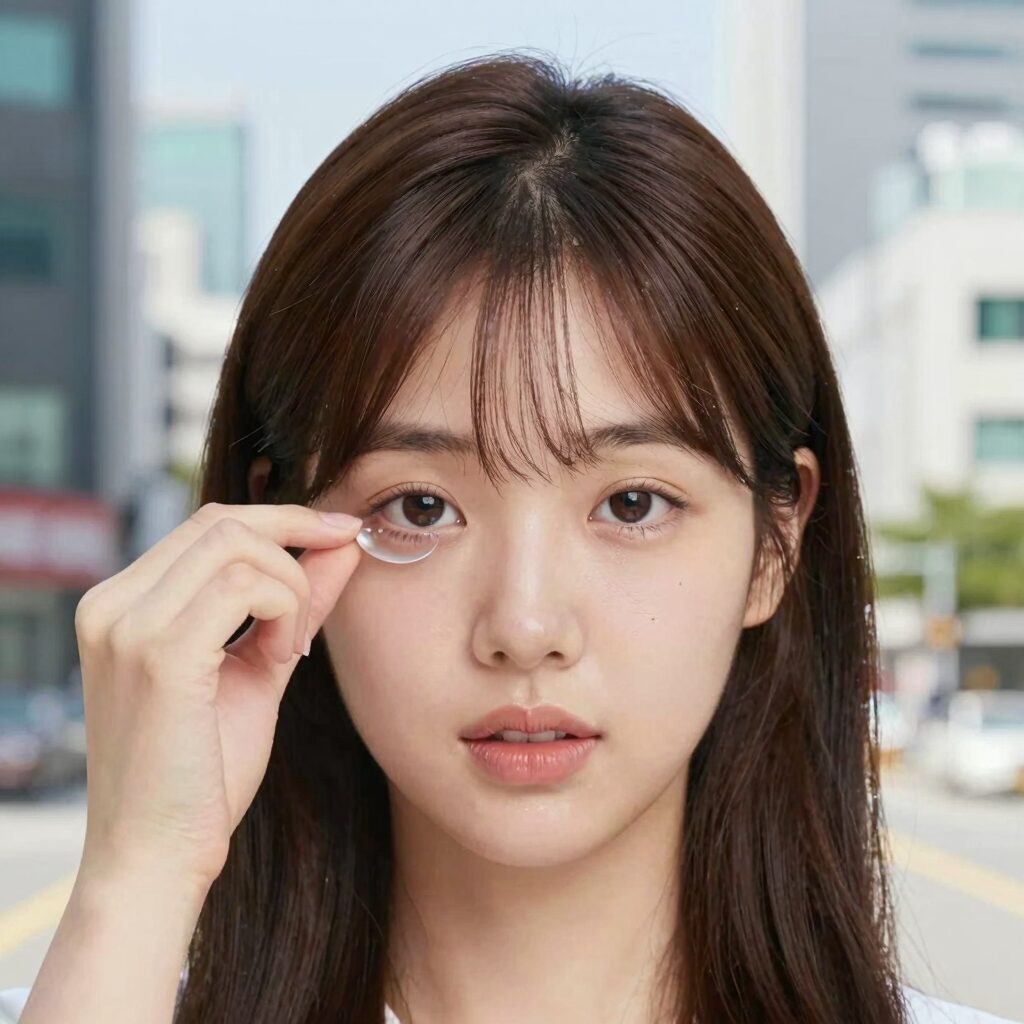렌즈프리 아이오프너를 사용해 콘택트렌즈를 착용하는 모습