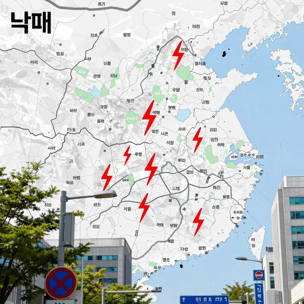 낙뢰 예보 지도에서 붉은색 번개 아이콘이 여러 개 표시된 화면