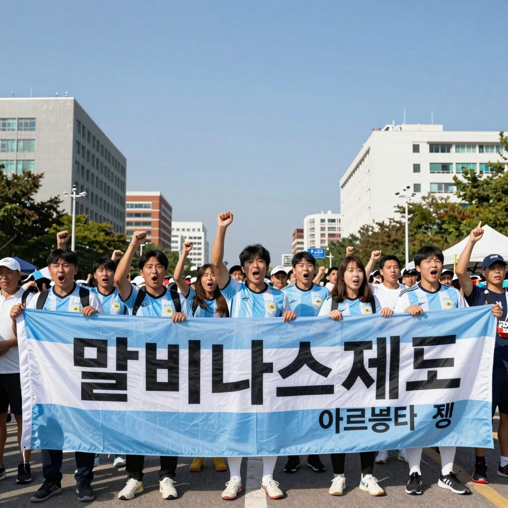 아르헨티나 축구 선수들이 말비나스 제도는 아르헨티나 땅이라는 문구의 현수막을 들고 환호하는 모습