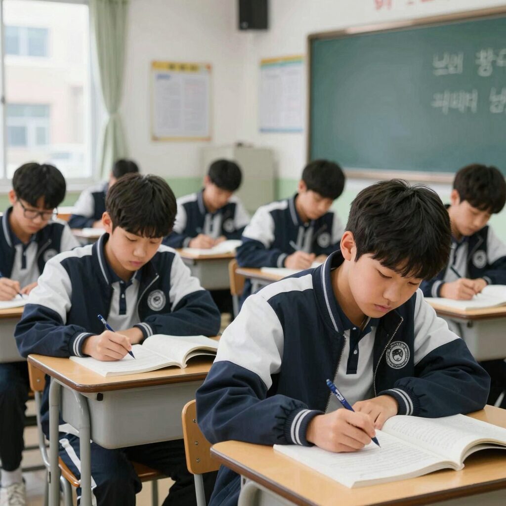 중학교 방학기간 내신 대비 공부하는 학생