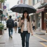 가방에 쏙 들어가는 미니 우산을 유럽 거리에서 사용하는 모습