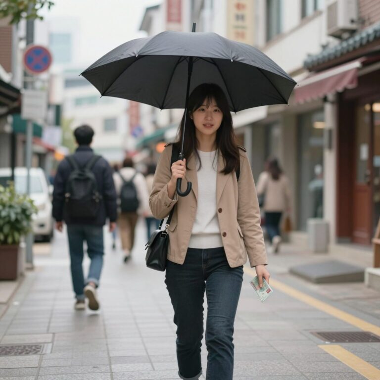 가방에 쏙 들어가는 미니 우산을 유럽 거리에서 사용하는 모습