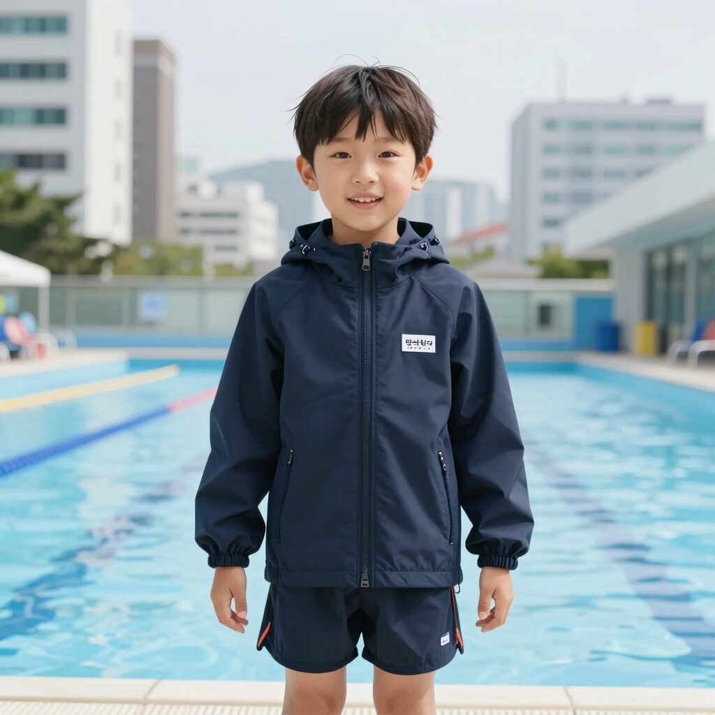 밍크뮤 래쉬가드 110 사이즈 실물 착용샷 아이가 수영장에서 미소 짓는 모습
