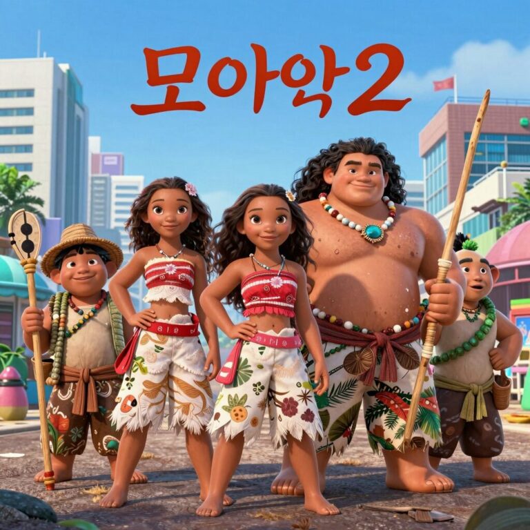 모아나2 애니메이션의 주요 등장인물들이 함께 그려진 포스터. 모아나, 마우이, 시메아, 로토, 켈레, 모니, 카카모라 해적단, 날로라가 포함됨