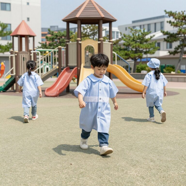 모기장옷을 입고 놀이터에서 뛰노는 아이 모습
