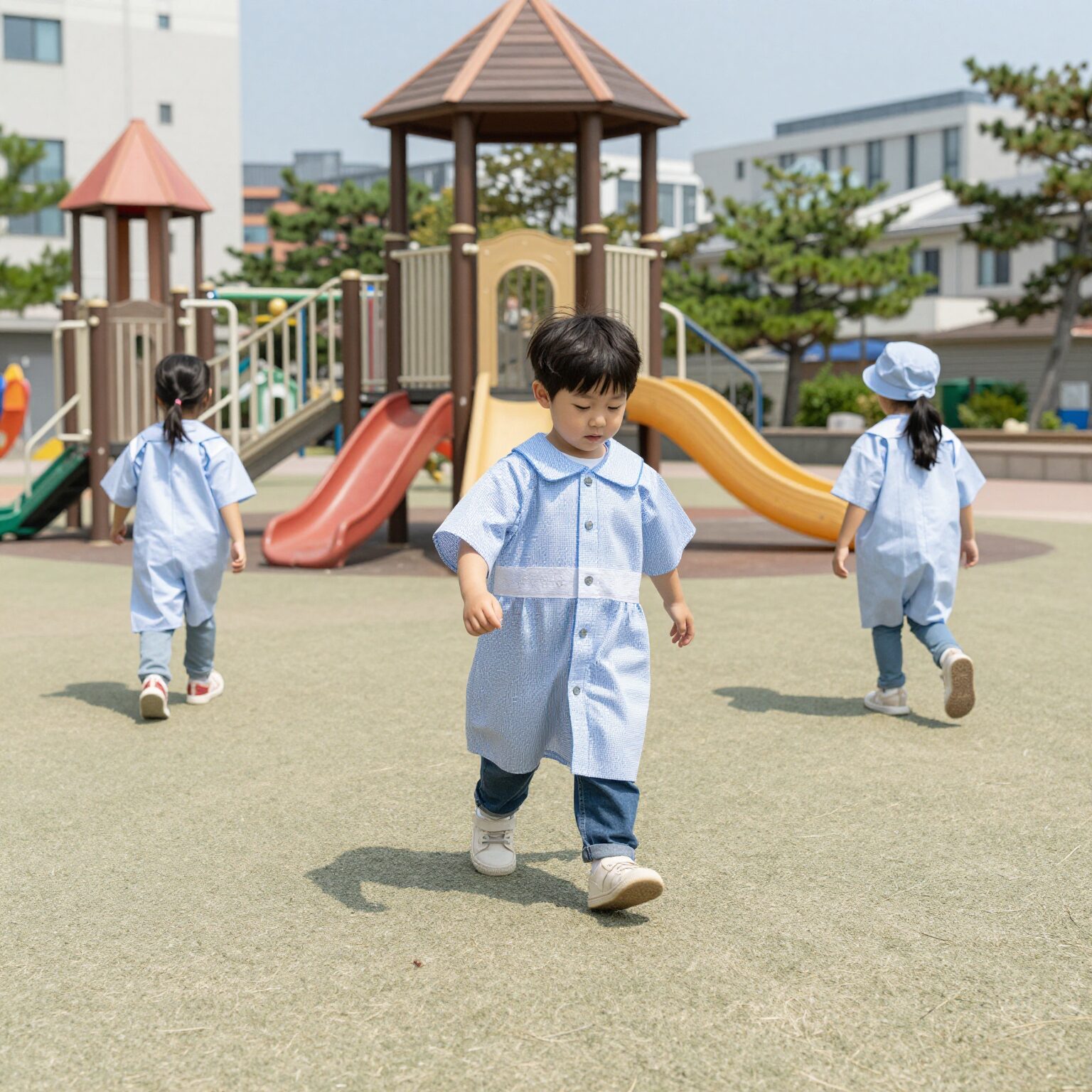 모기장옷을 입고 놀이터에서 뛰노는 아이 모습