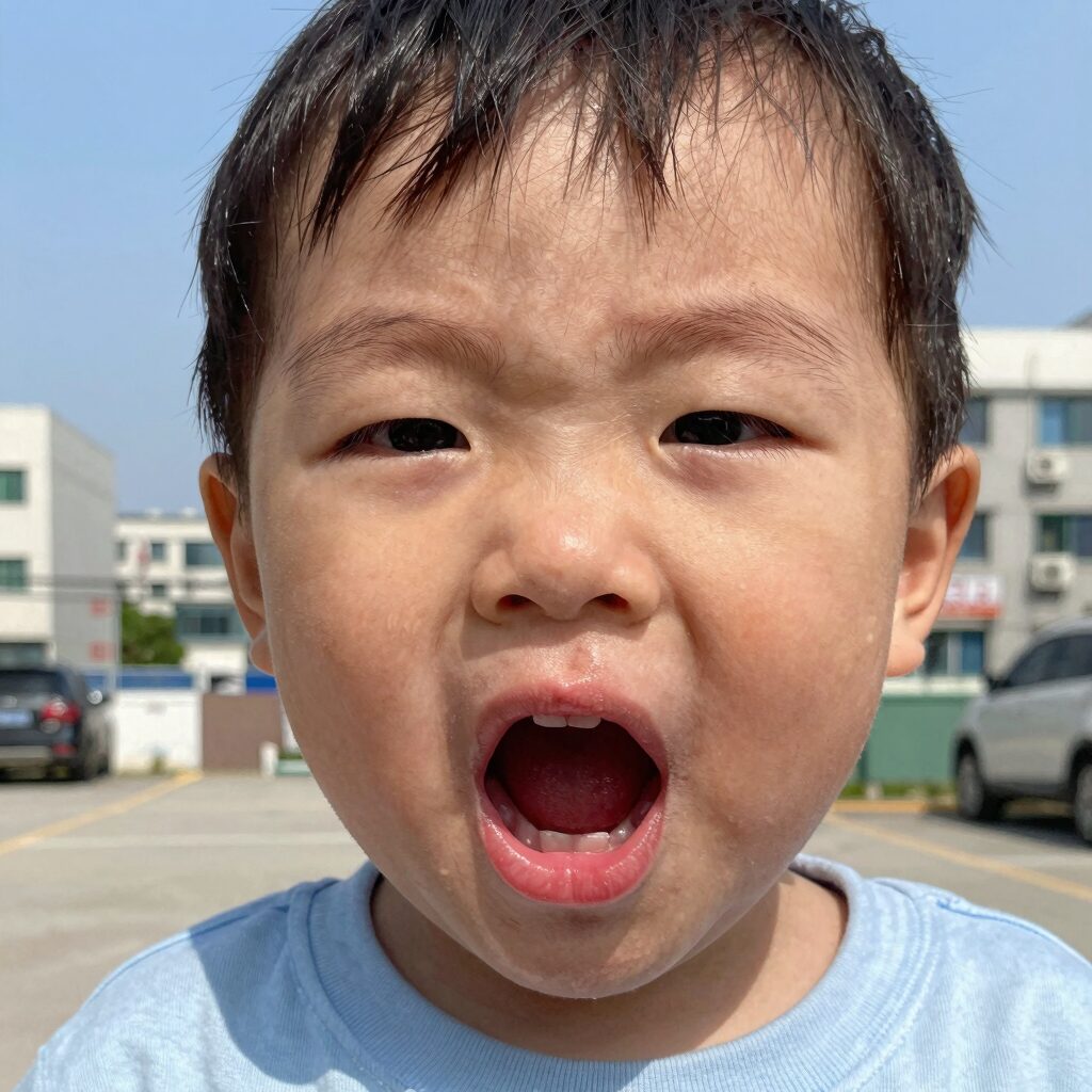유아 구내염 증상으로 입안에 하얀 궤양이 생기고 주변이 빨갛게 부어오른 모습