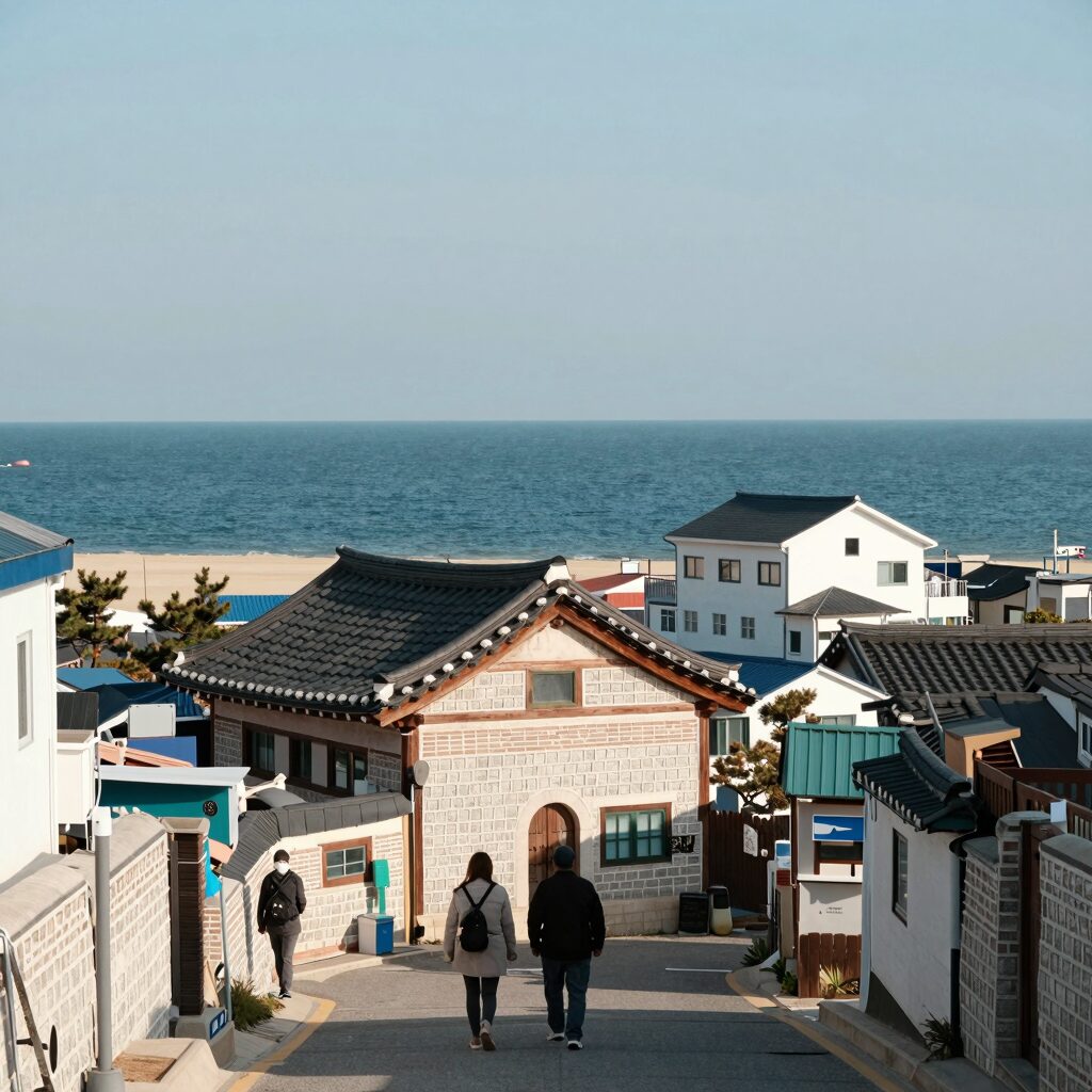 남해 독일마을 이국적인 건축물과 바다 전경