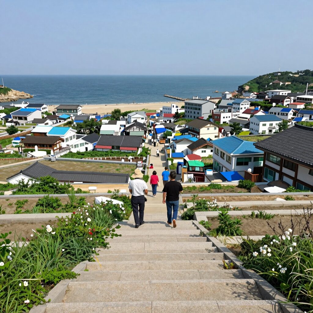 남해 다랭이마을 전망대에서 바라본 계단식 논과 바다