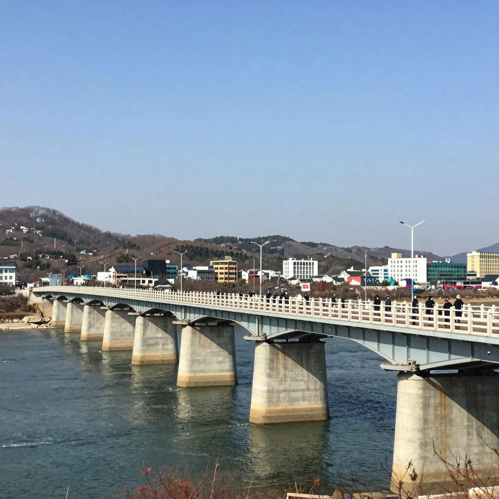 임진각 전망대에서 바라본 너부대교 전경으로, 다리 아래로 임진강이 흐르고 북한 지역이 보인다