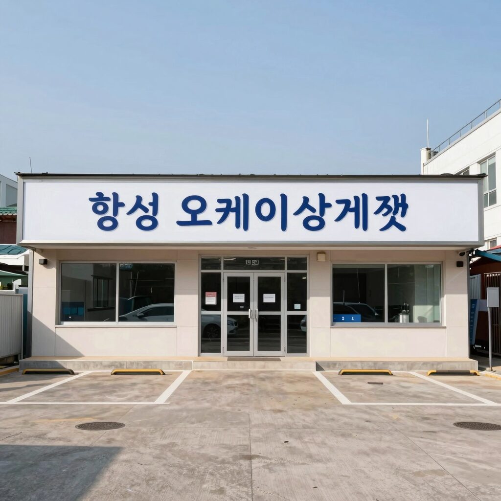 횡성 오케이삼계탕 외관 사진, 깔끔한 간판과 넓은 주차장이 보임
