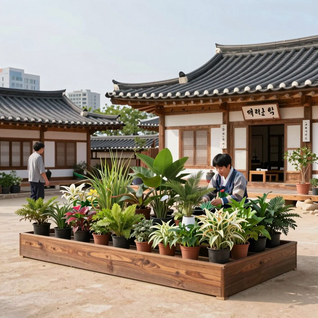 온정삼계한상의 우드 인테리어와 식물이 배치된 고급스러운 매장 내부